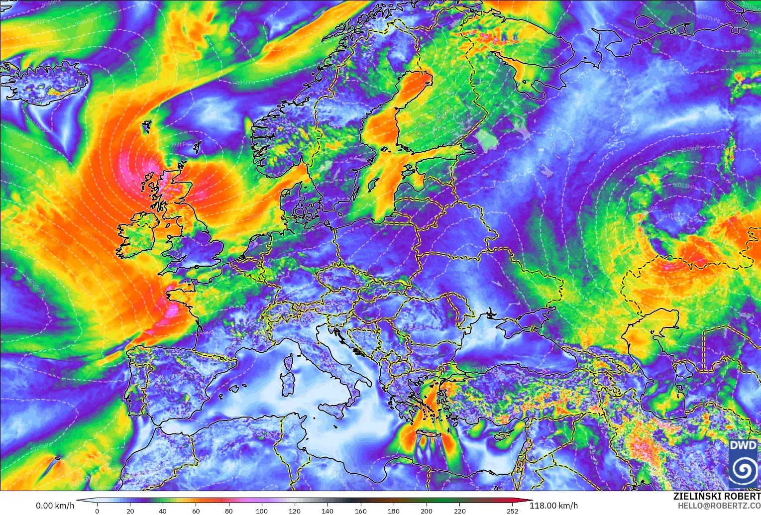 ICON modelo - Europa, Ráfagas de viento