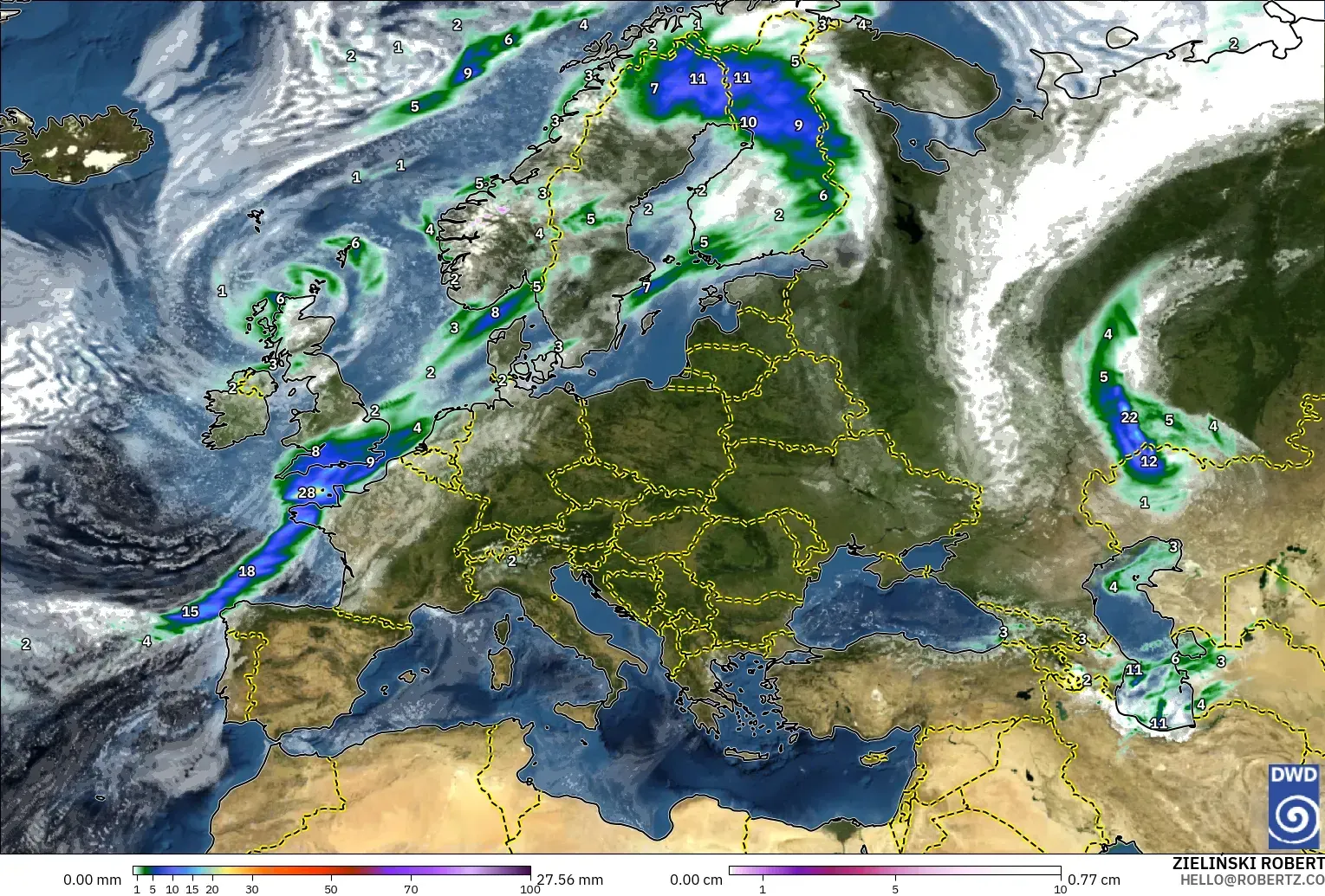 ICON modelo - Europa, Precipitación, nubes y presión