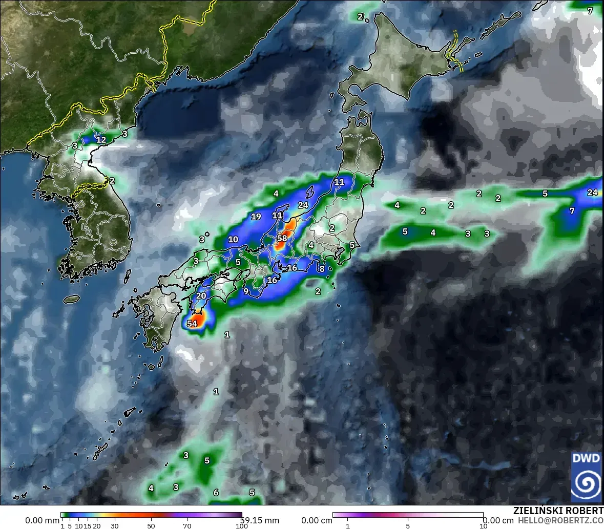 ICON modelo - Japón, Precipitación, nubes y presión