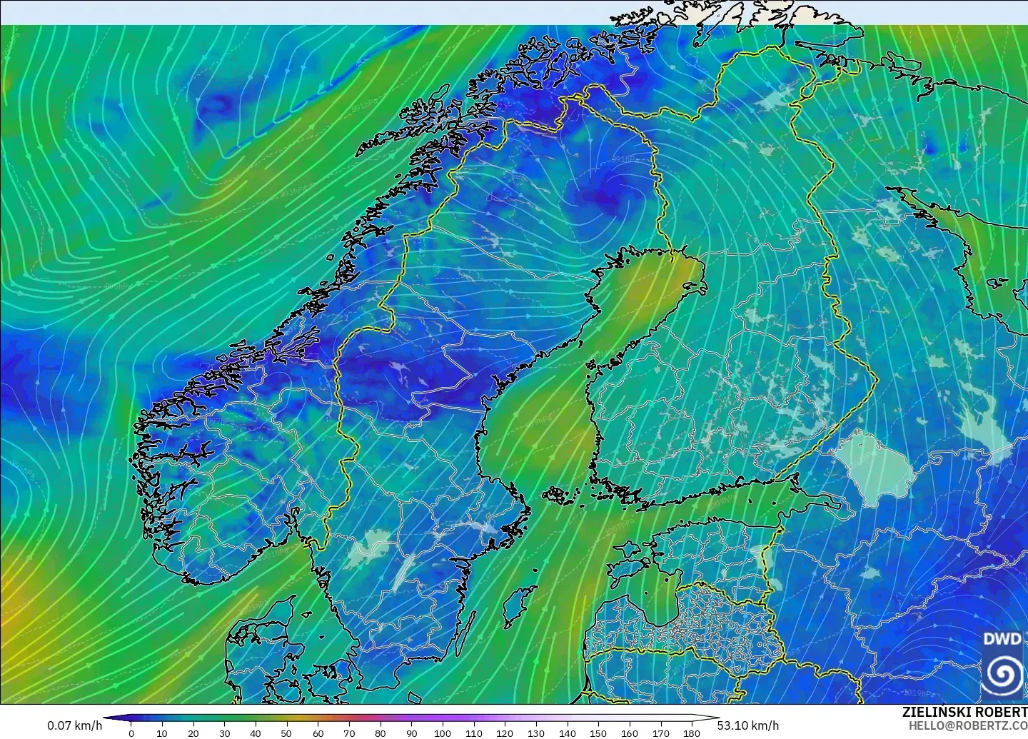 ICON modelo - Escandinavia, Viento a 10 m