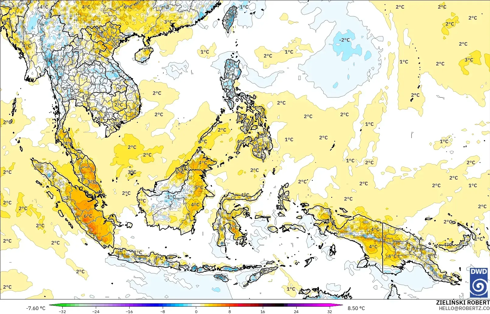 ICON modelo - Sudeste Asiático, Anomalía de temperatura a 2 m