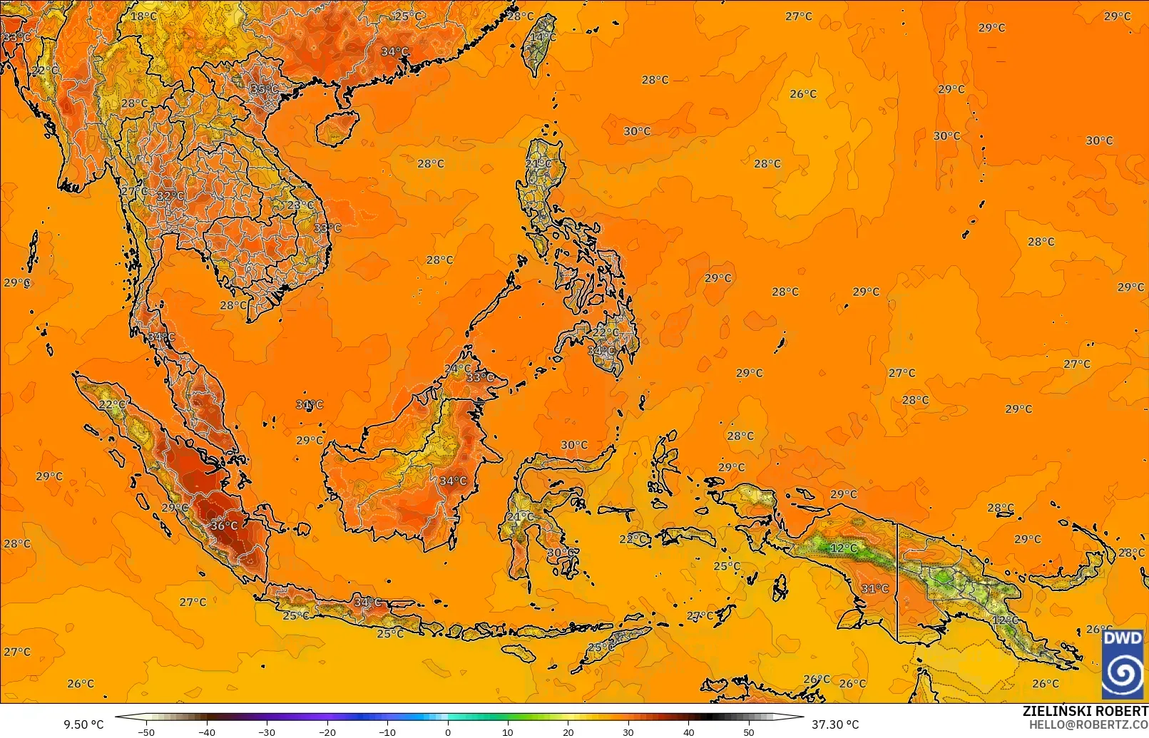 ICON modelo - Sudeste Asiático, Temperatura a 2 m