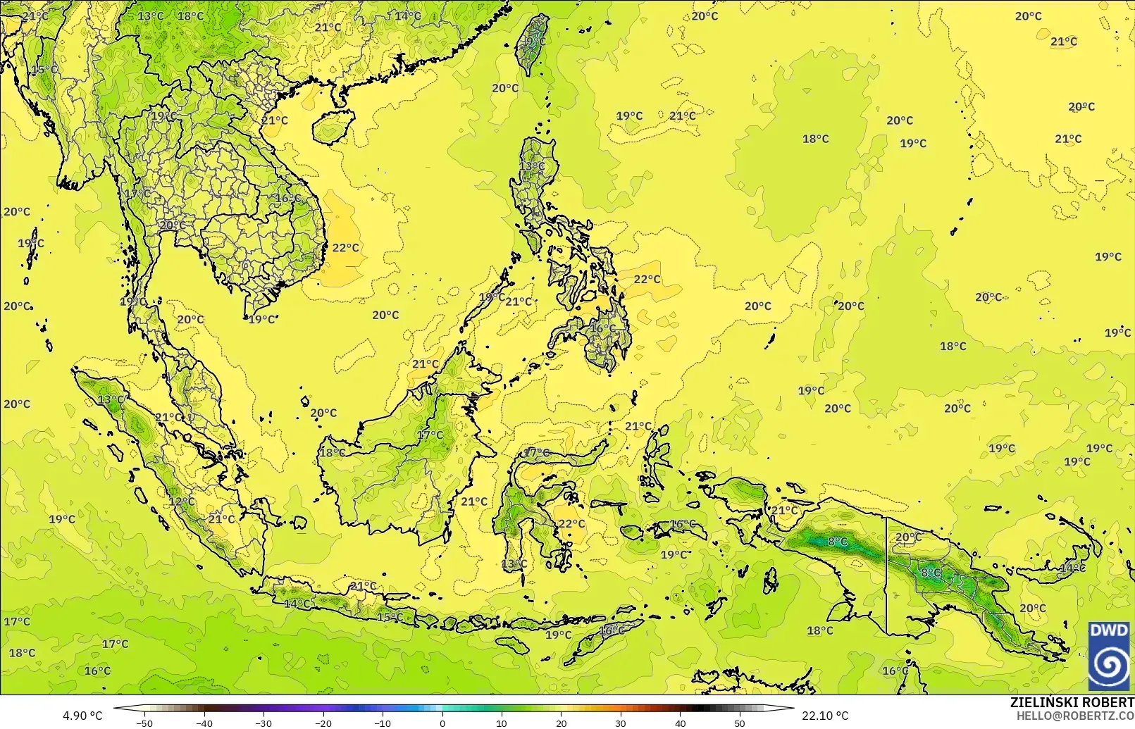 ICON modelo - Sudeste Asiático, Temperatura a 850 hPa