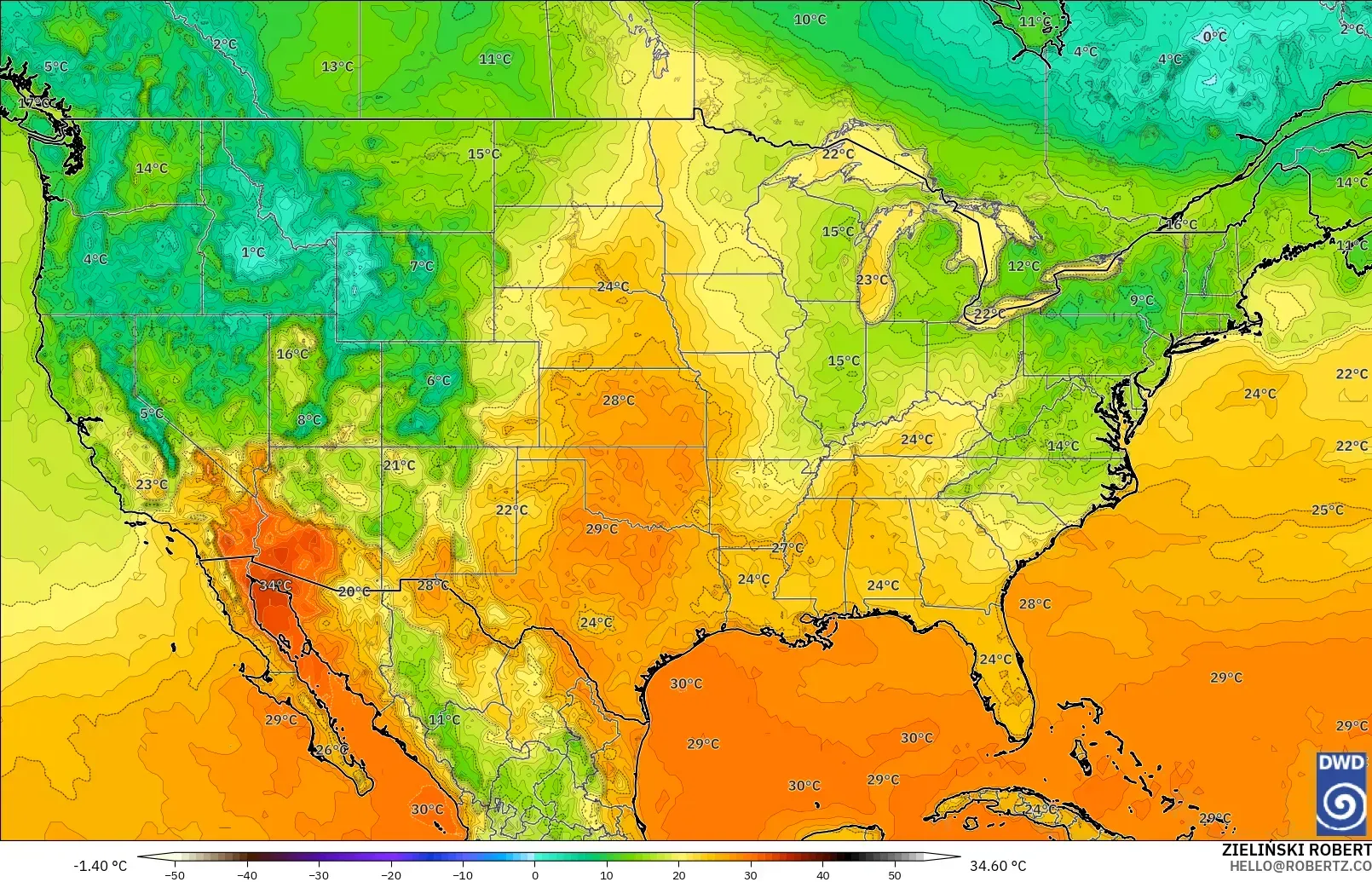 ICON modelo - Estados Unidos, Temperatura a 2 m
