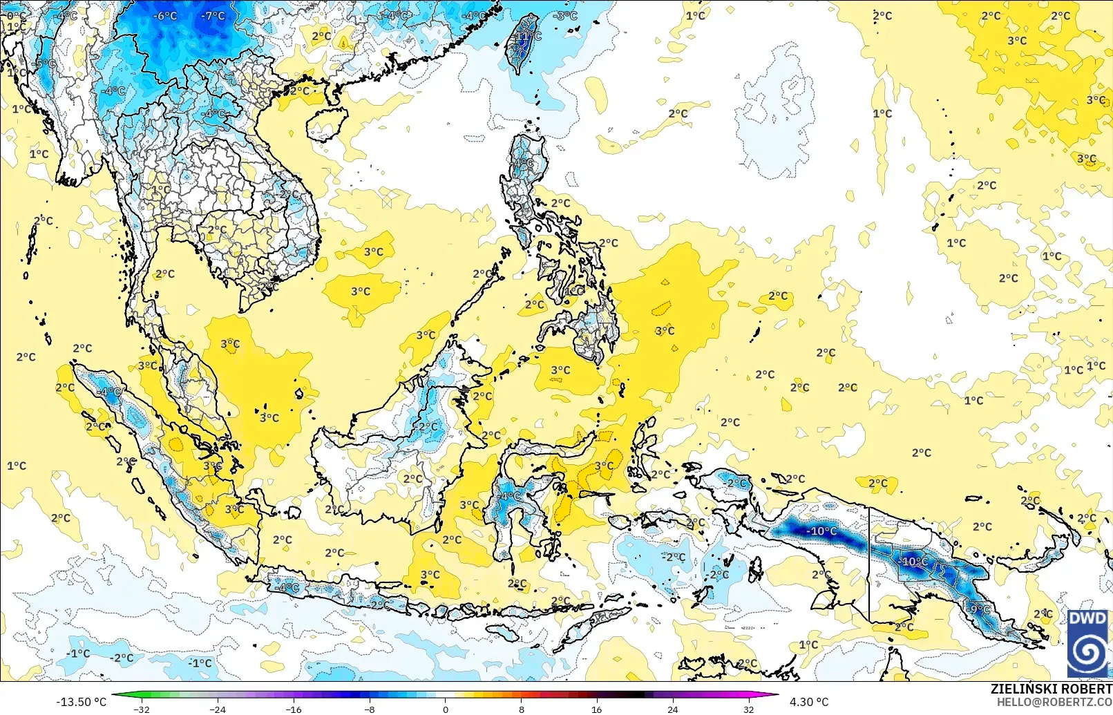 ICON modelo - Sudeste Asiático, Anomalía de temperatura a 850 hPa