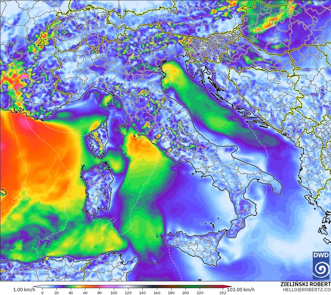 ICON modelo - Italia, Ráfagas de Viento Máximas