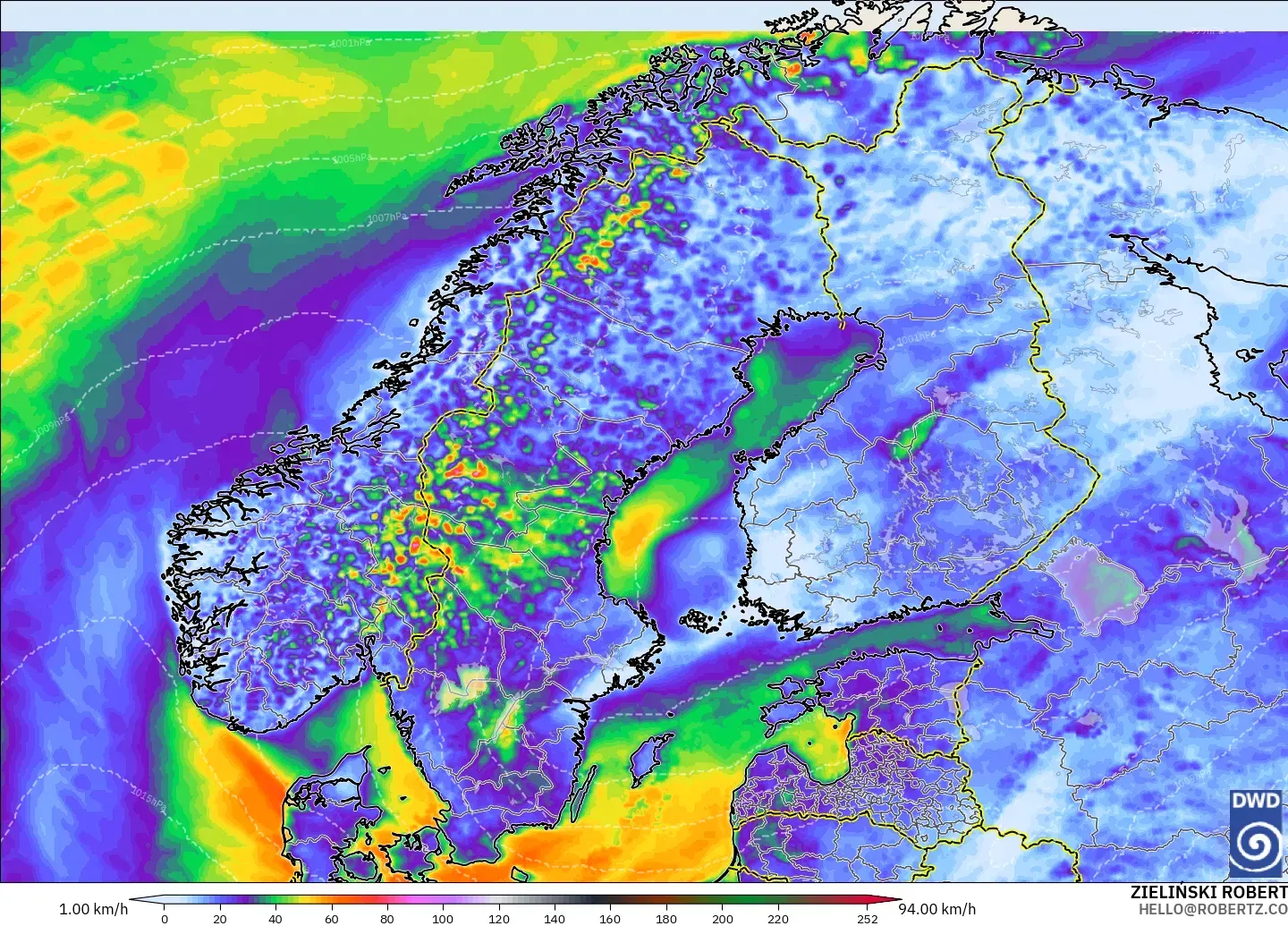 ICON modelo - Escandinavia, Ráfagas de Viento Máximas