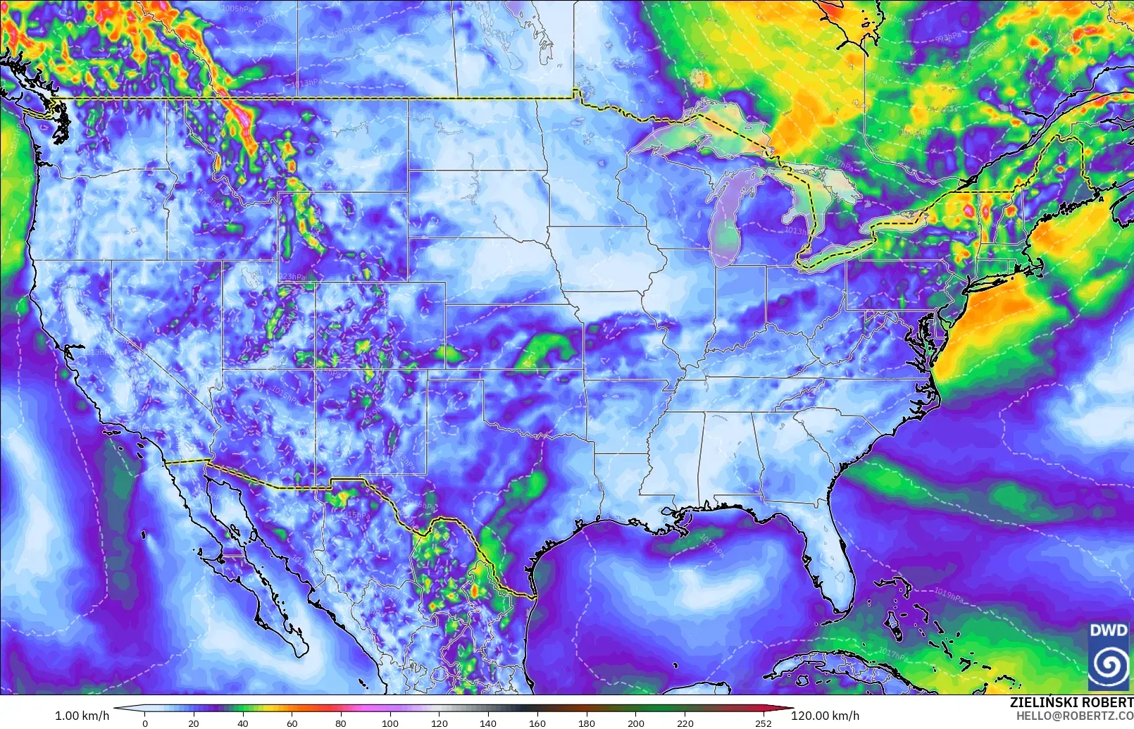 ICON modelo - Estados Unidos, Ráfagas de Viento Máximas