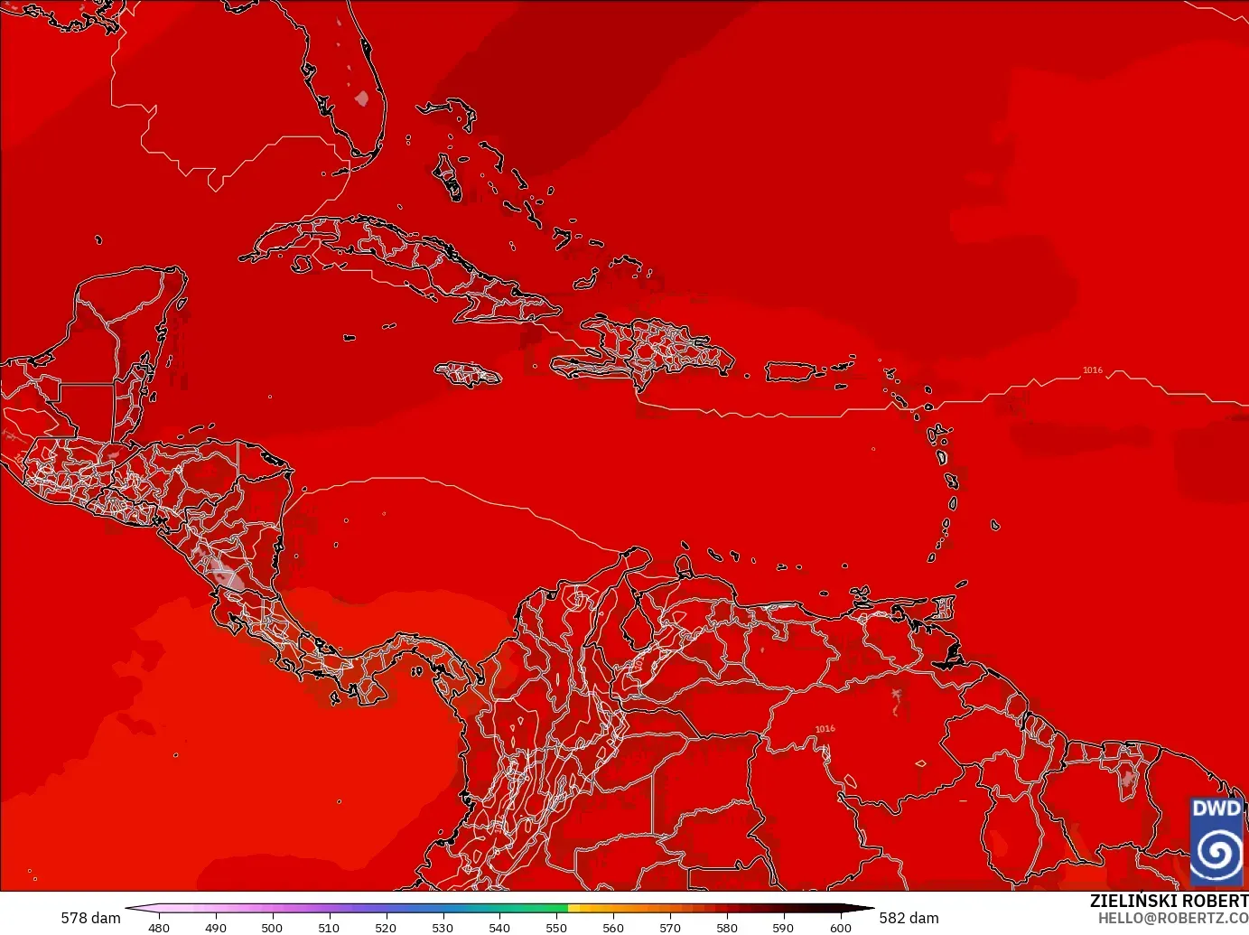 ICON modelo - Caribe, Altura geopotencial a 500 hPa