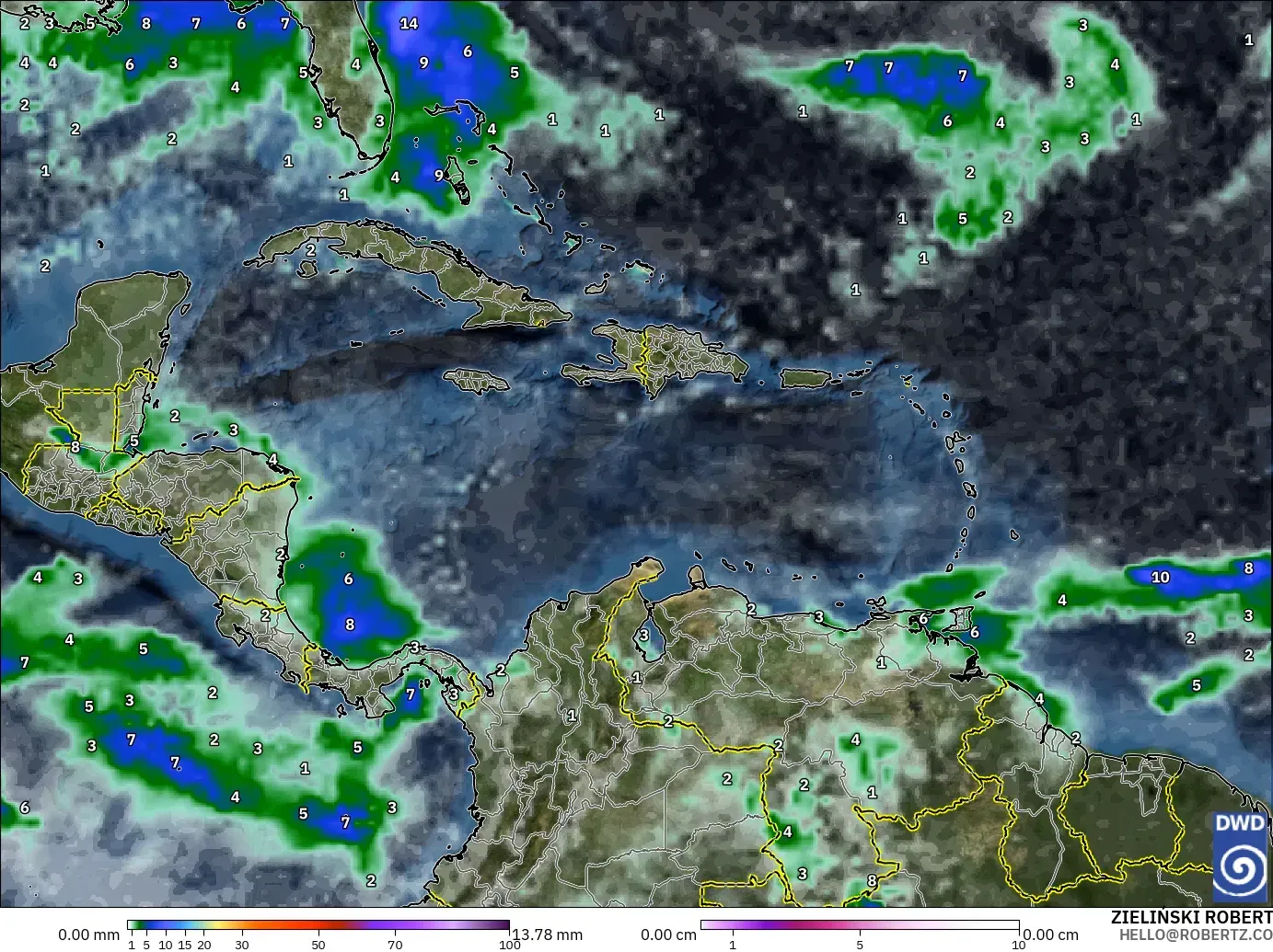 ICON modelo - Caribe, Precipitación, nubes y presión