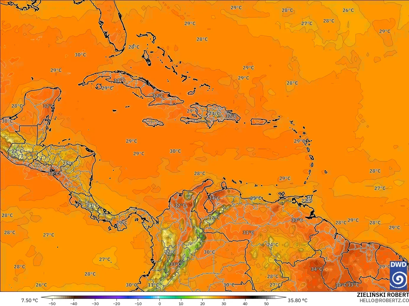 ICON modelo - Caribe, Temperatura a 2 m