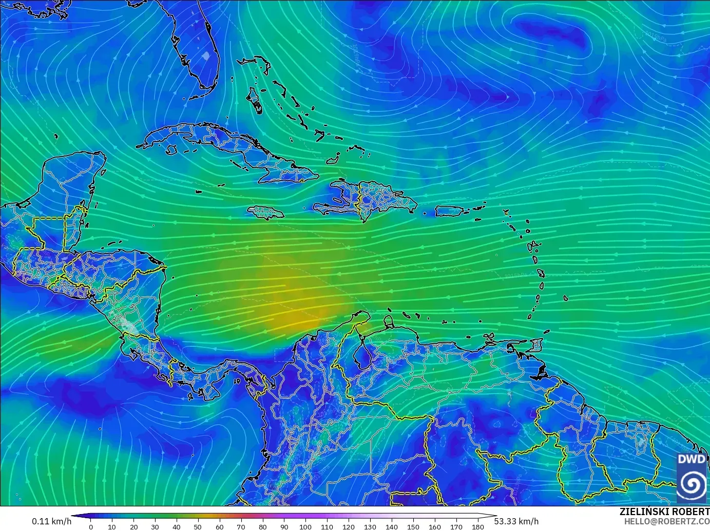 ICON modelo - Caribe, Viento a 10 m