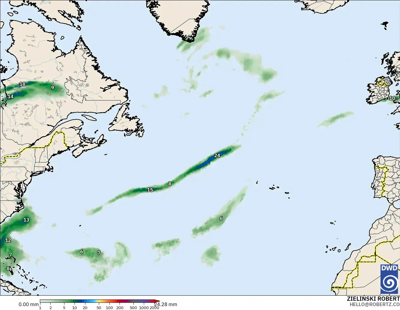 ICON modelo - Norte Atlántico, Acumulación de precipitación