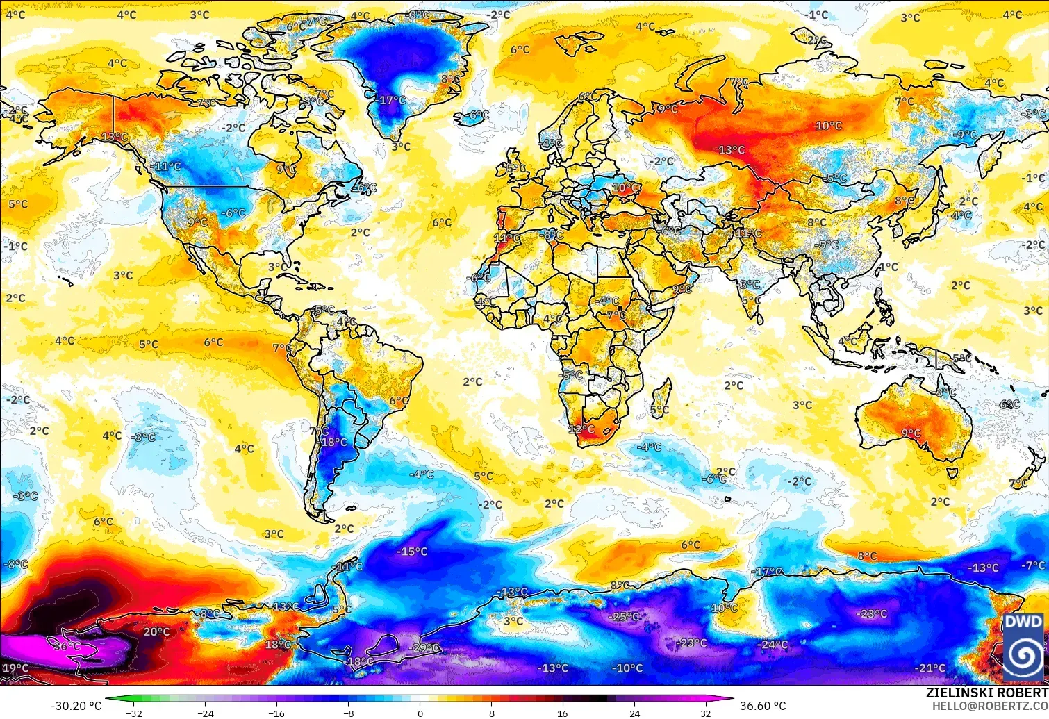 ICON modelo - Mundo, Anomalía de temperatura a 2 m