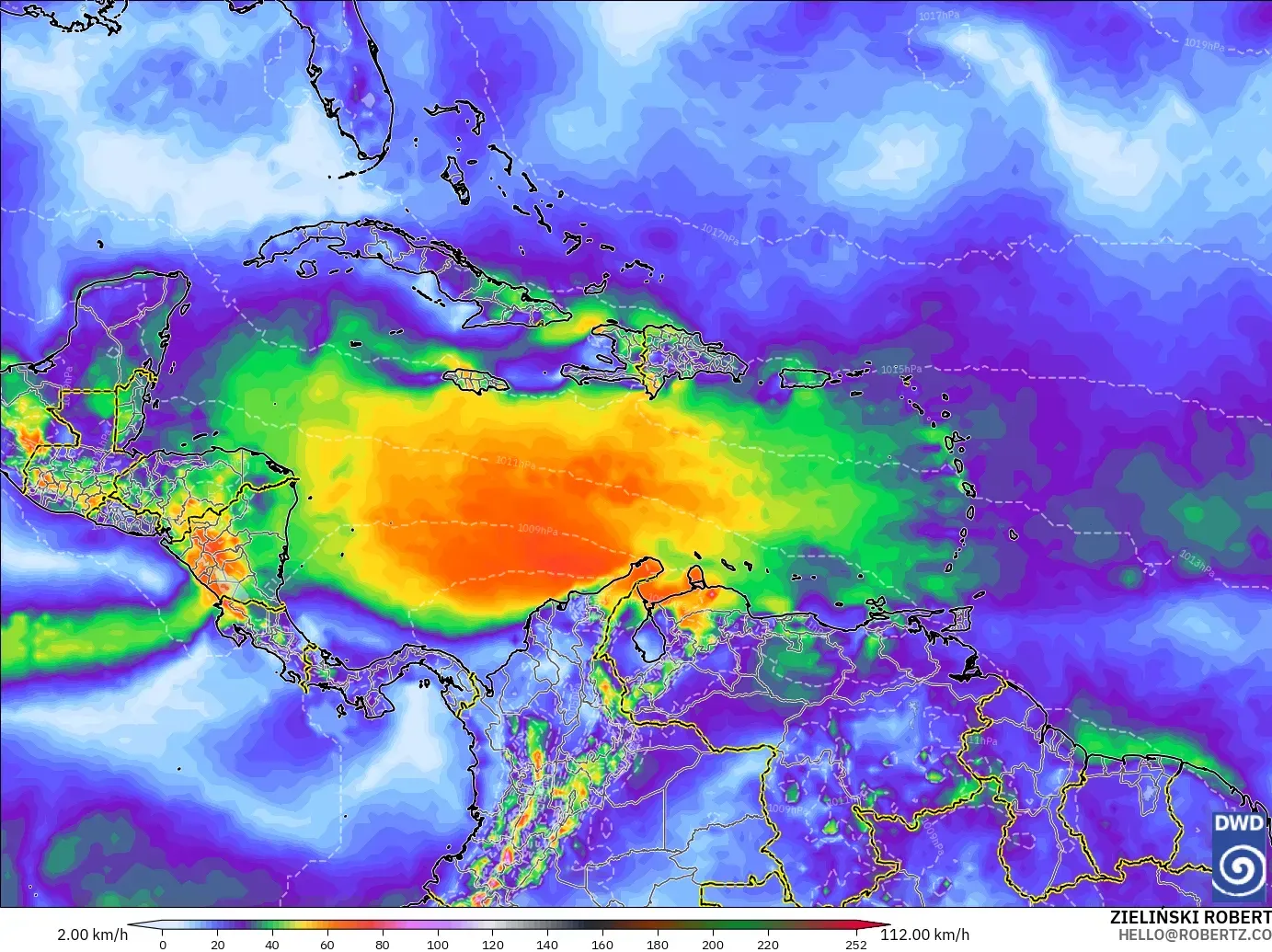 ICON modelo - Caribe, Ráfagas de viento