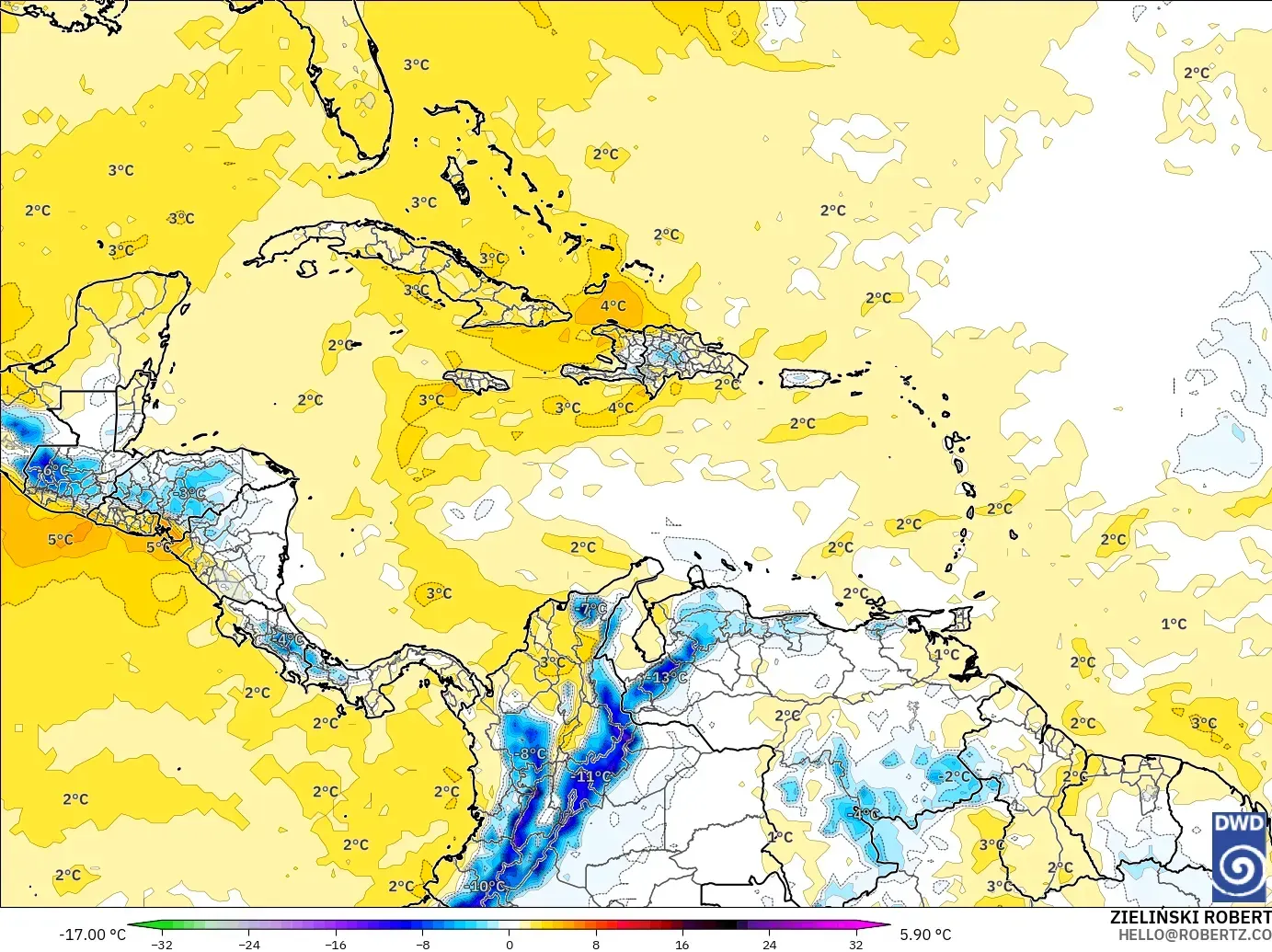 ICON modelo - Caribe, Anomalía de temperatura a 850 hPa