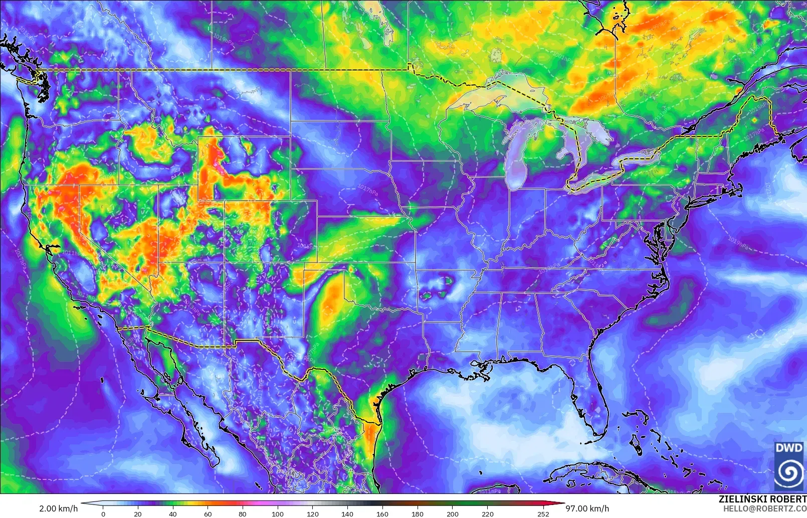 ICON modelo - Estados Unidos, Ráfagas de viento