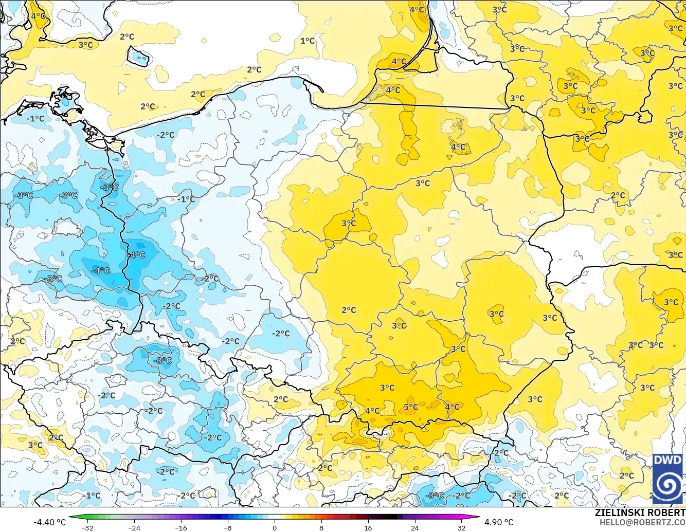 ICON modelo - Polonia, Anomalía de temperatura a 2 m