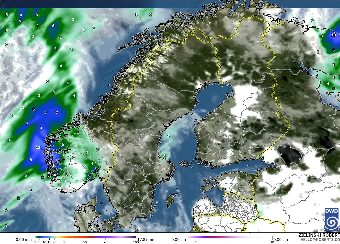 ICON modelo - Escandinavia, Precipitación, nubes y presión
