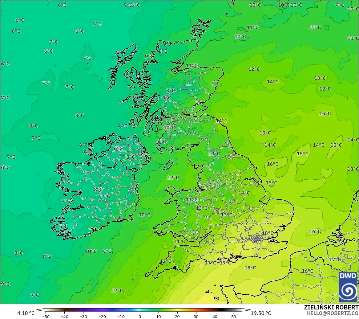 ICON modelo - Reino Unido, Temperatura a 850 hPa