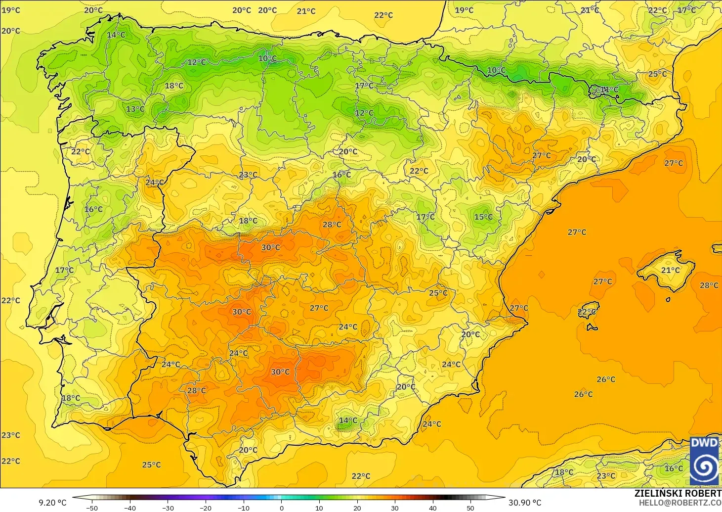ICON modelo - España, Temperatura a 2 m