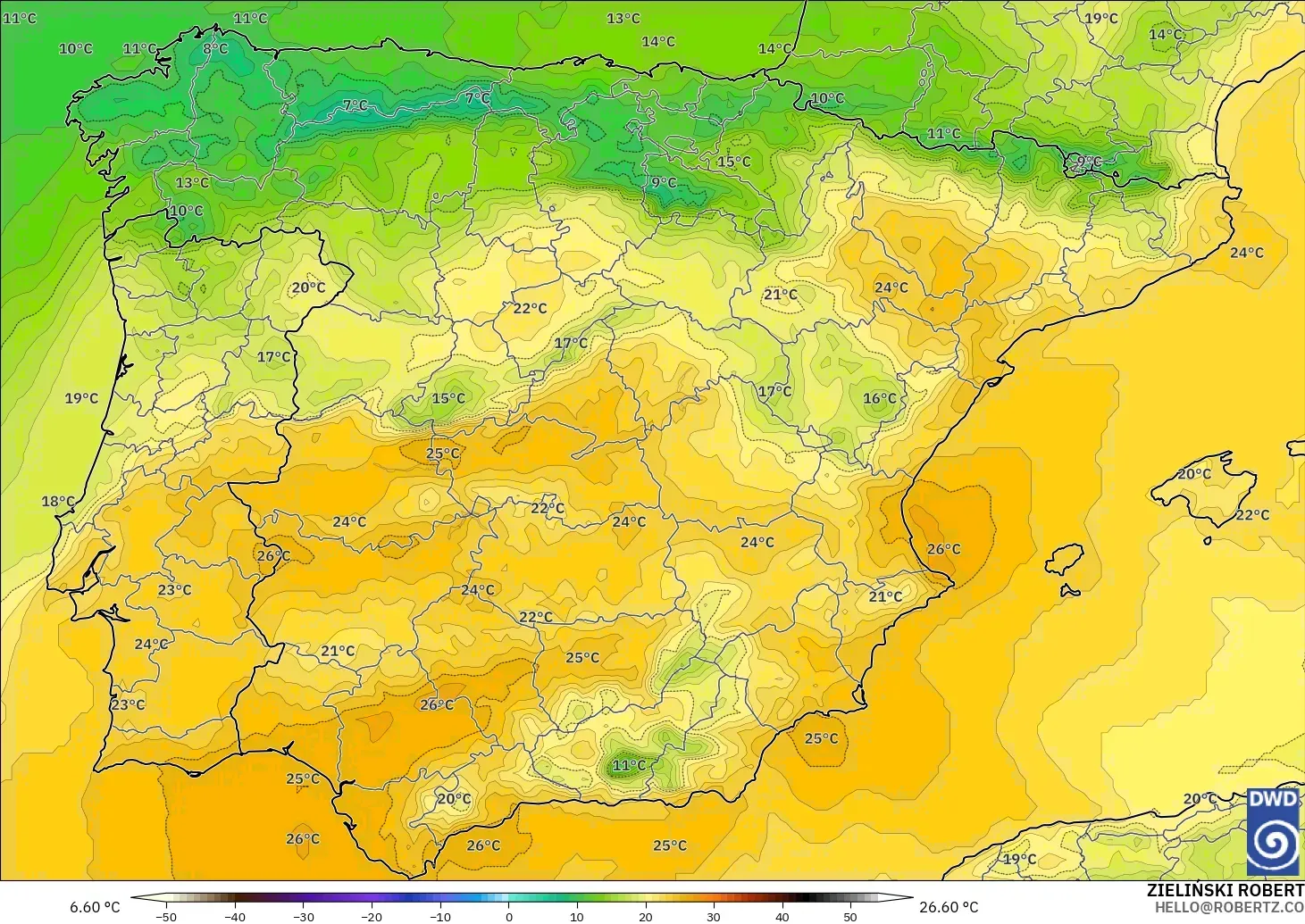 ICON modelo - España, Temperatura a 850 hPa