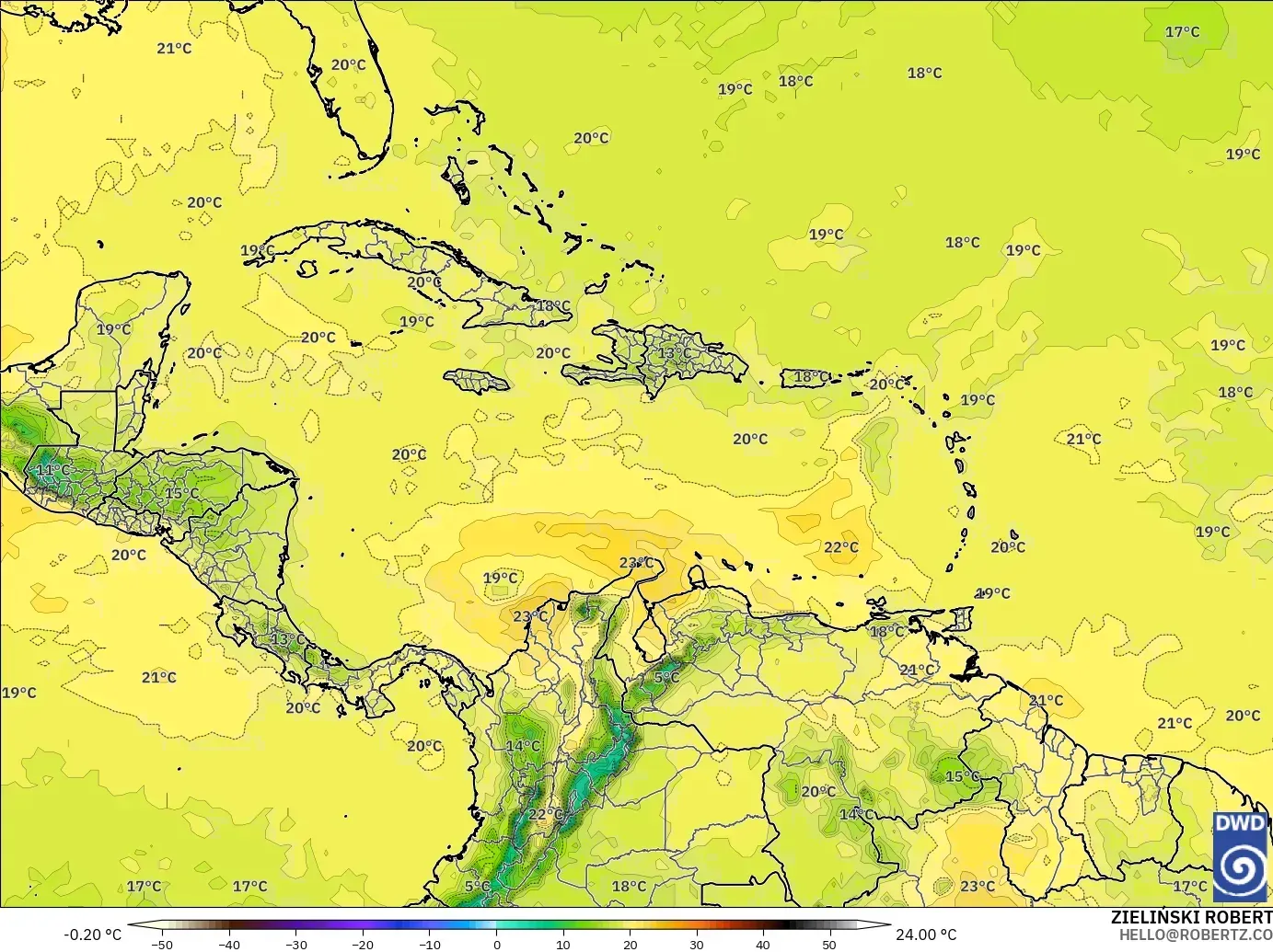 ICON modelo - Caribe, Temperatura a 850 hPa