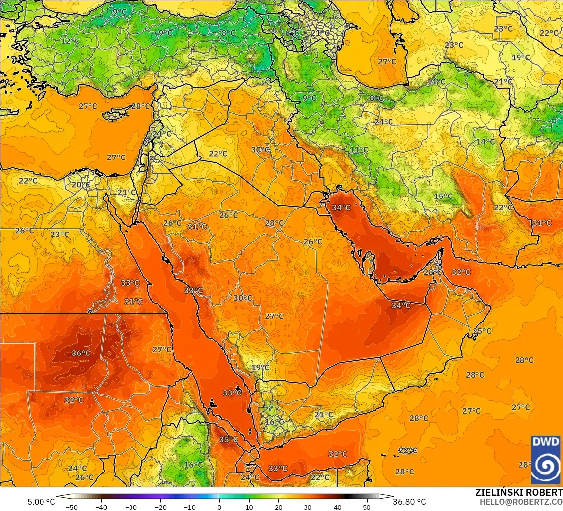 ICON modelo - Oriente Medio, Temperatura a 2 m