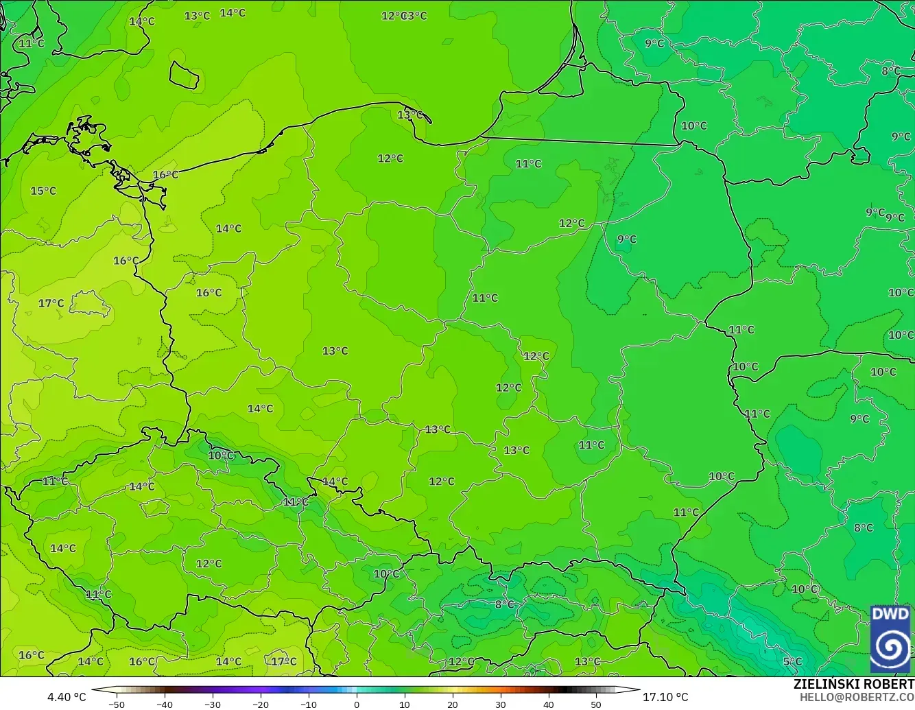 ICON modelo - Polonia, Temperatura a 850 hPa