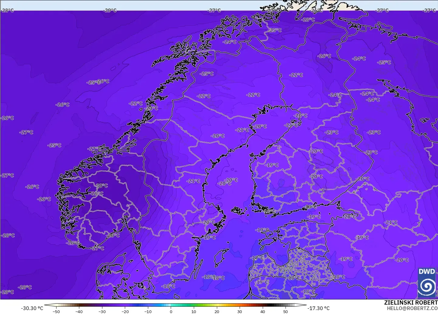 ICON modelo - Escandinavia, Temperatura a 500 hPa