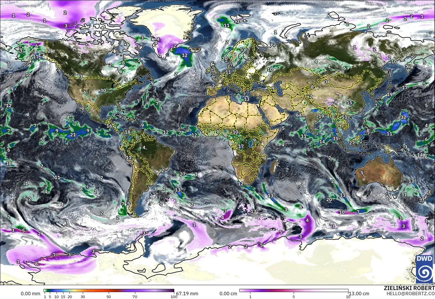 ICON modelo - Mundo, Precipitación, nubes y presión
