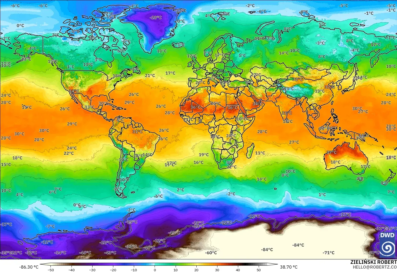 ICON modelo - Mundo, Temperatura a 2 m
