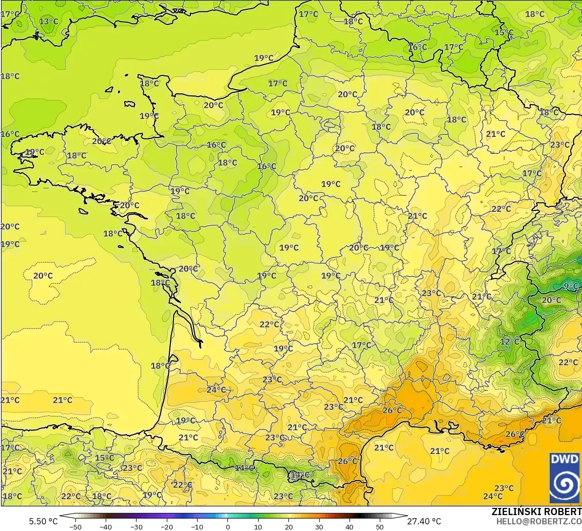ICON modelo - Francia, Temperatura a 2 m