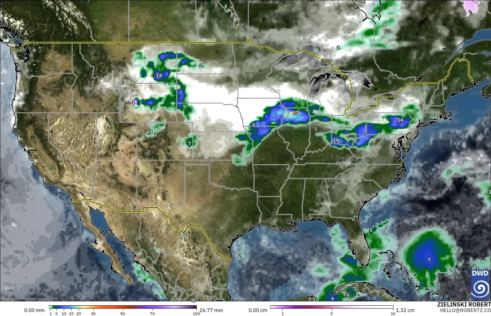 ICON modelo - Estados Unidos, Precipitación, nubes y presión