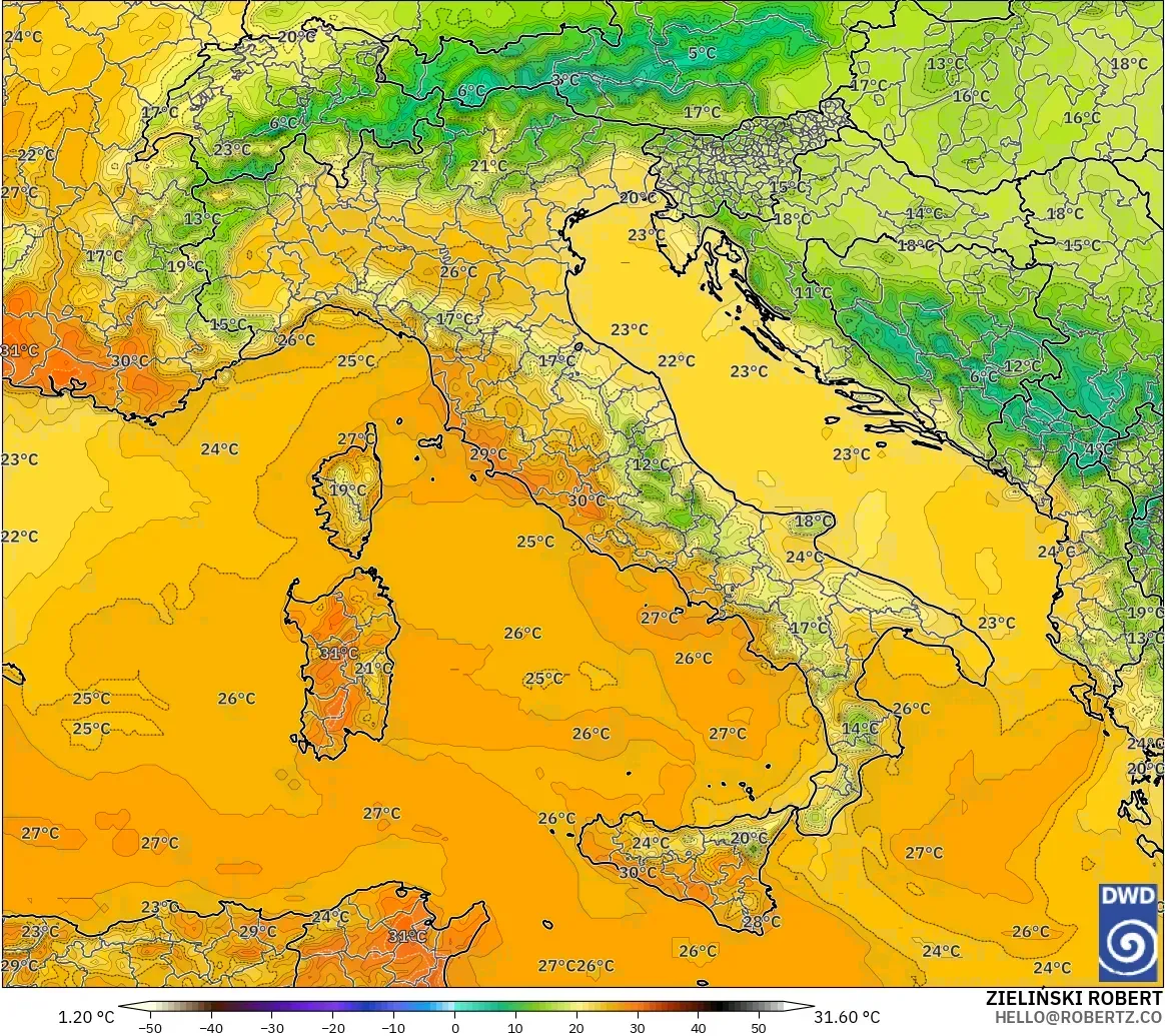 ICON modelo - Italia, Temperatura a 2 m