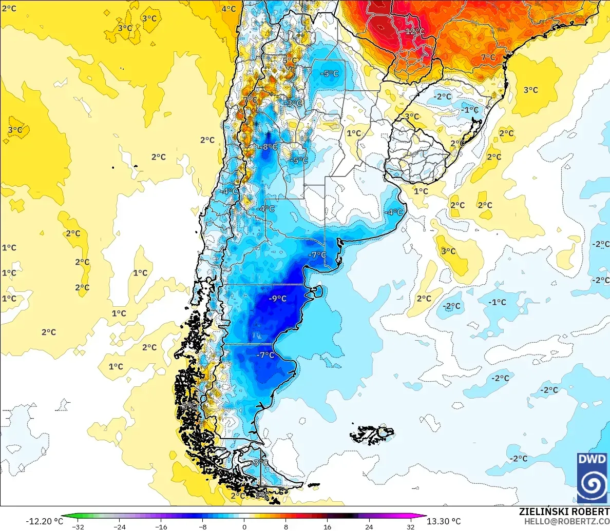 ICON modelo - Argentina, Anomalía de temperatura a 2 m