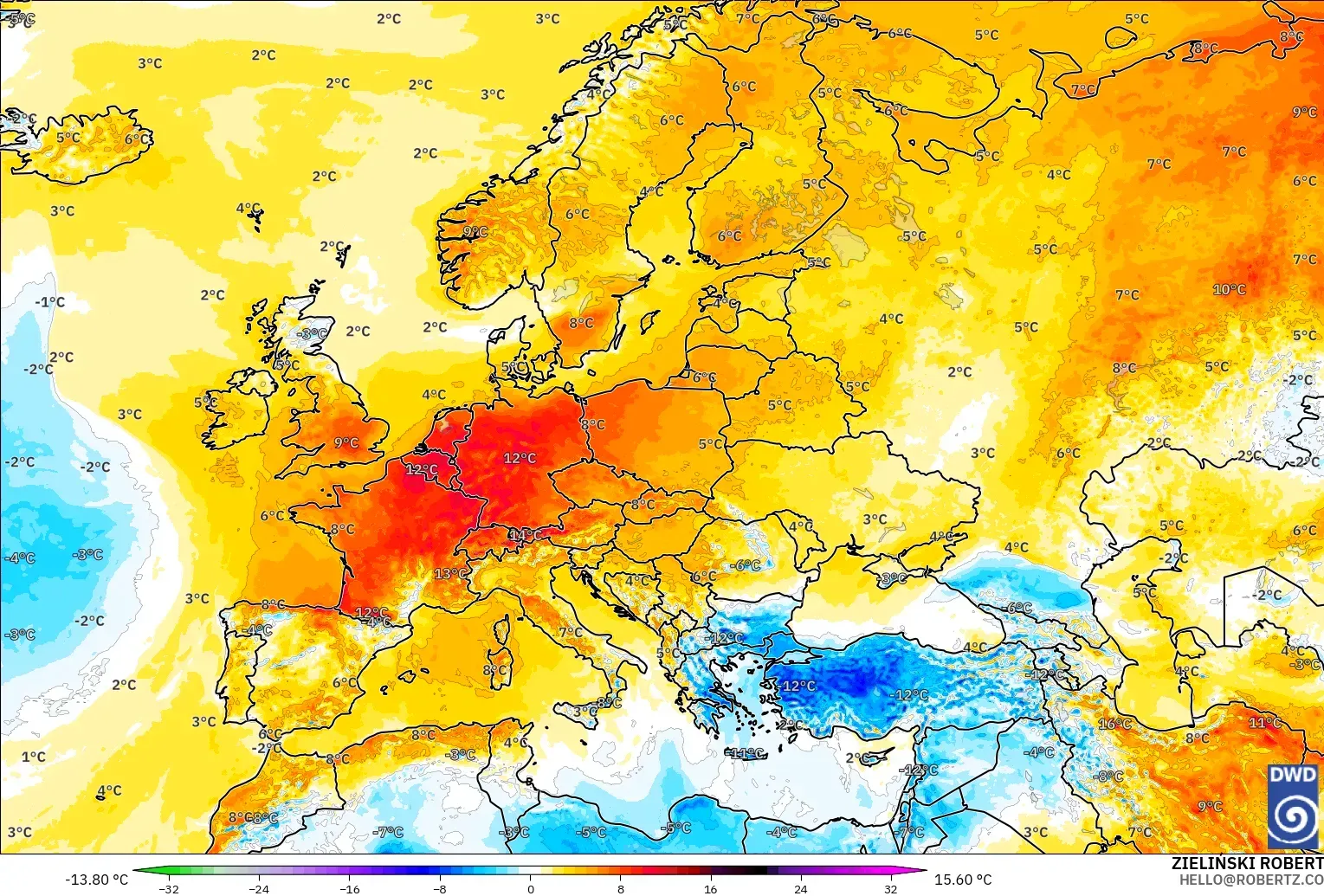 ICON modelo - Europa, Anomalía de temperatura a 2 m