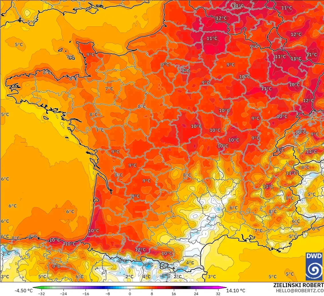 ICON modelo - Francia, Anomalía de temperatura a 2 m