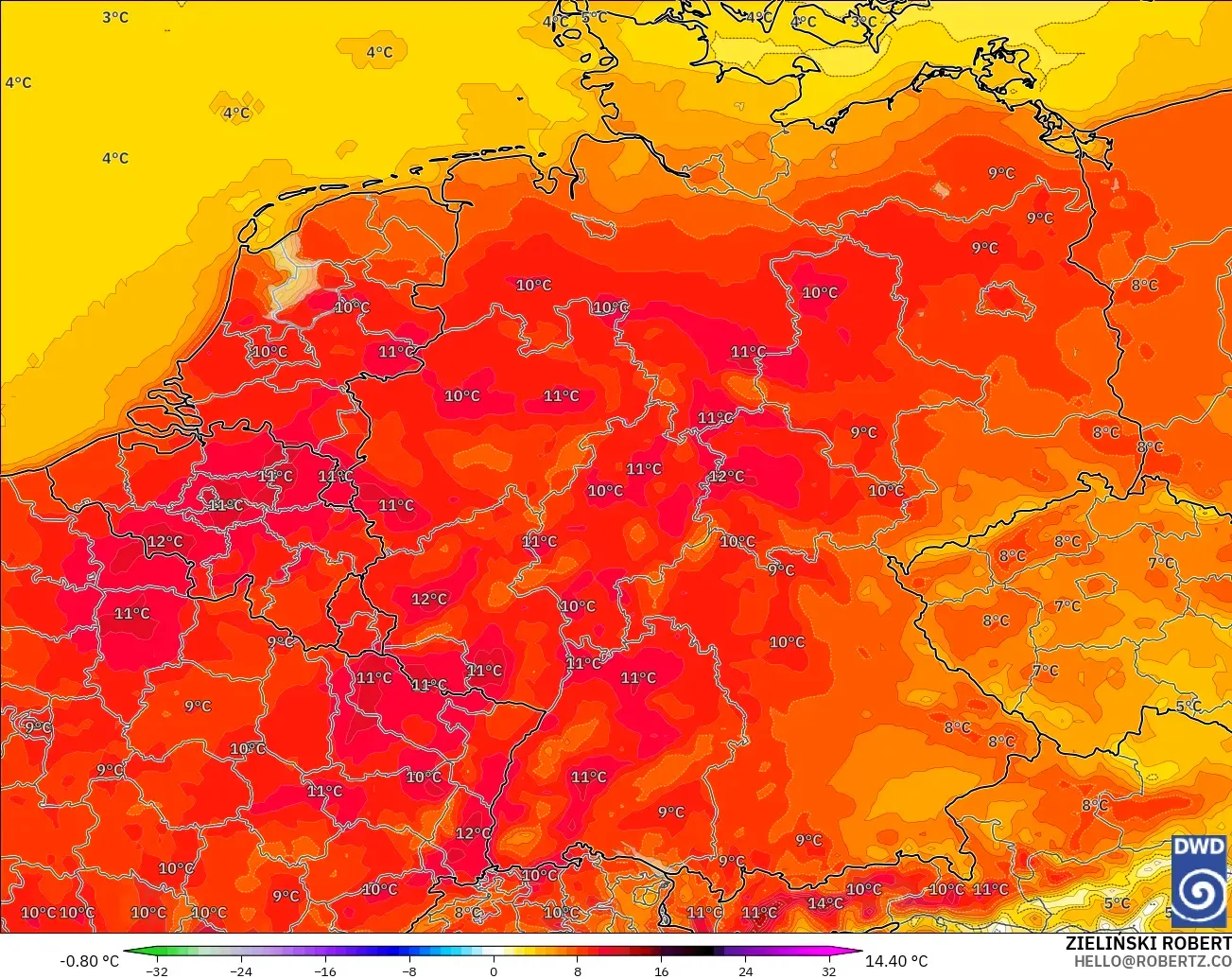 ICON modelo - Alemania, Anomalía de temperatura a 2 m