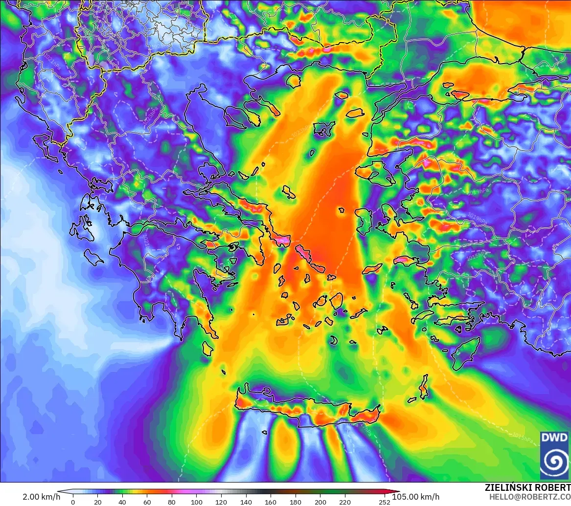 ICON modelo - Grecia, Ráfagas de Viento Máximas