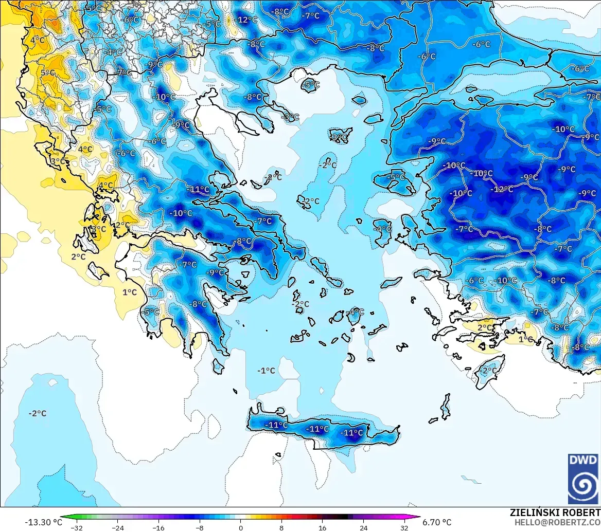 ICON modelo - Grecia, Anomalía de temperatura a 2 m