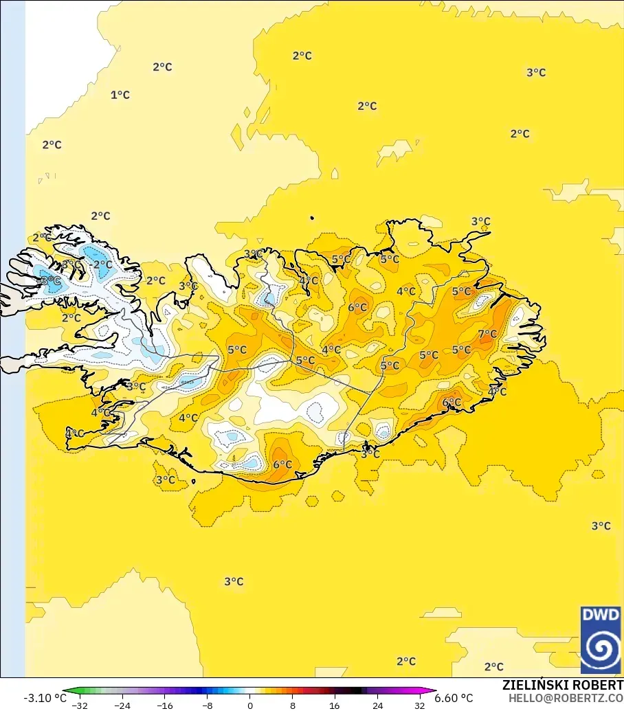 ICON modelo - Islandia, Anomalía de temperatura a 2 m