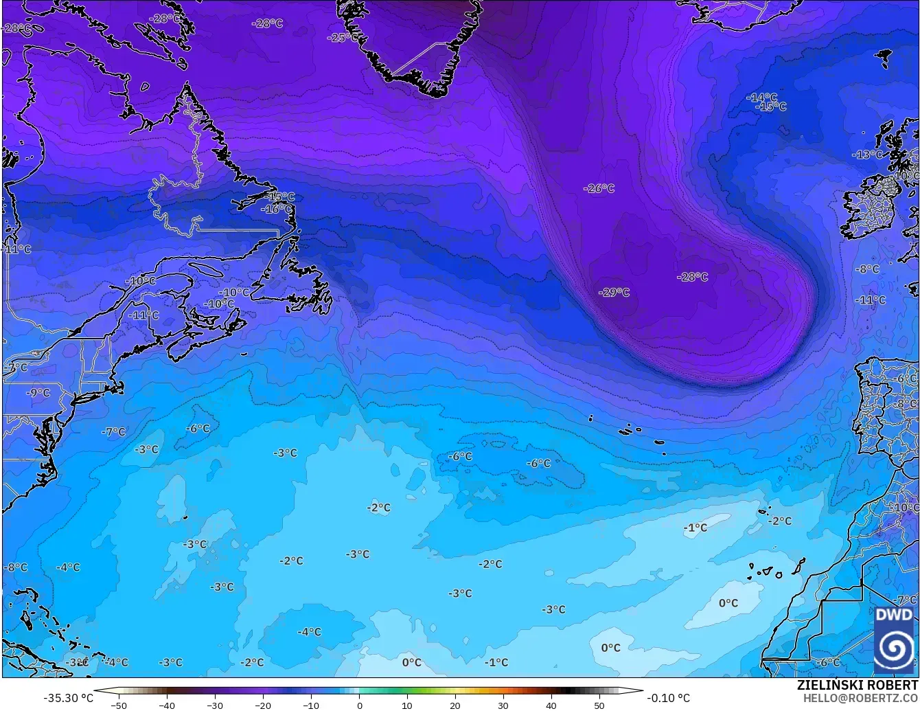ICON modelo - Norte Atlántico, Temperatura a 500 hPa