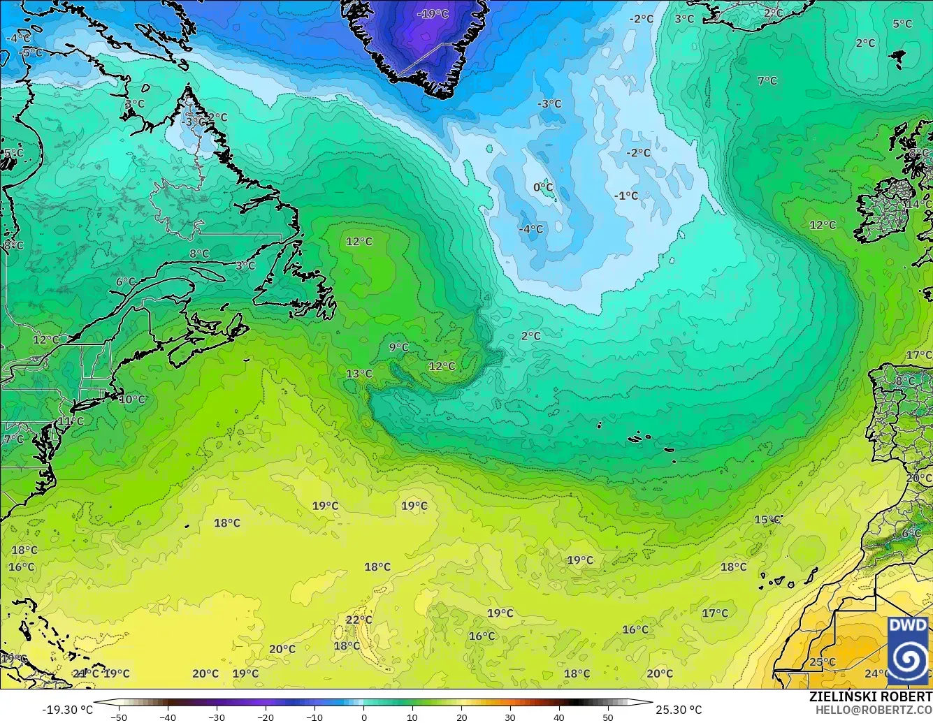 ICON modelo - Norte Atlántico, Temperatura a 850 hPa