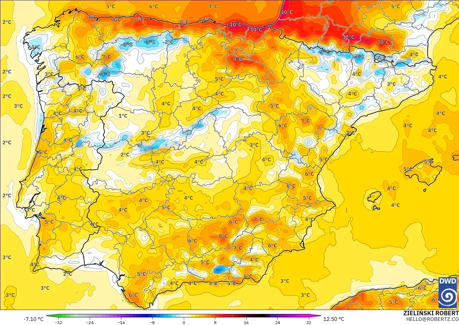 ICON modelo - España, Anomalía de temperatura a 2 m
