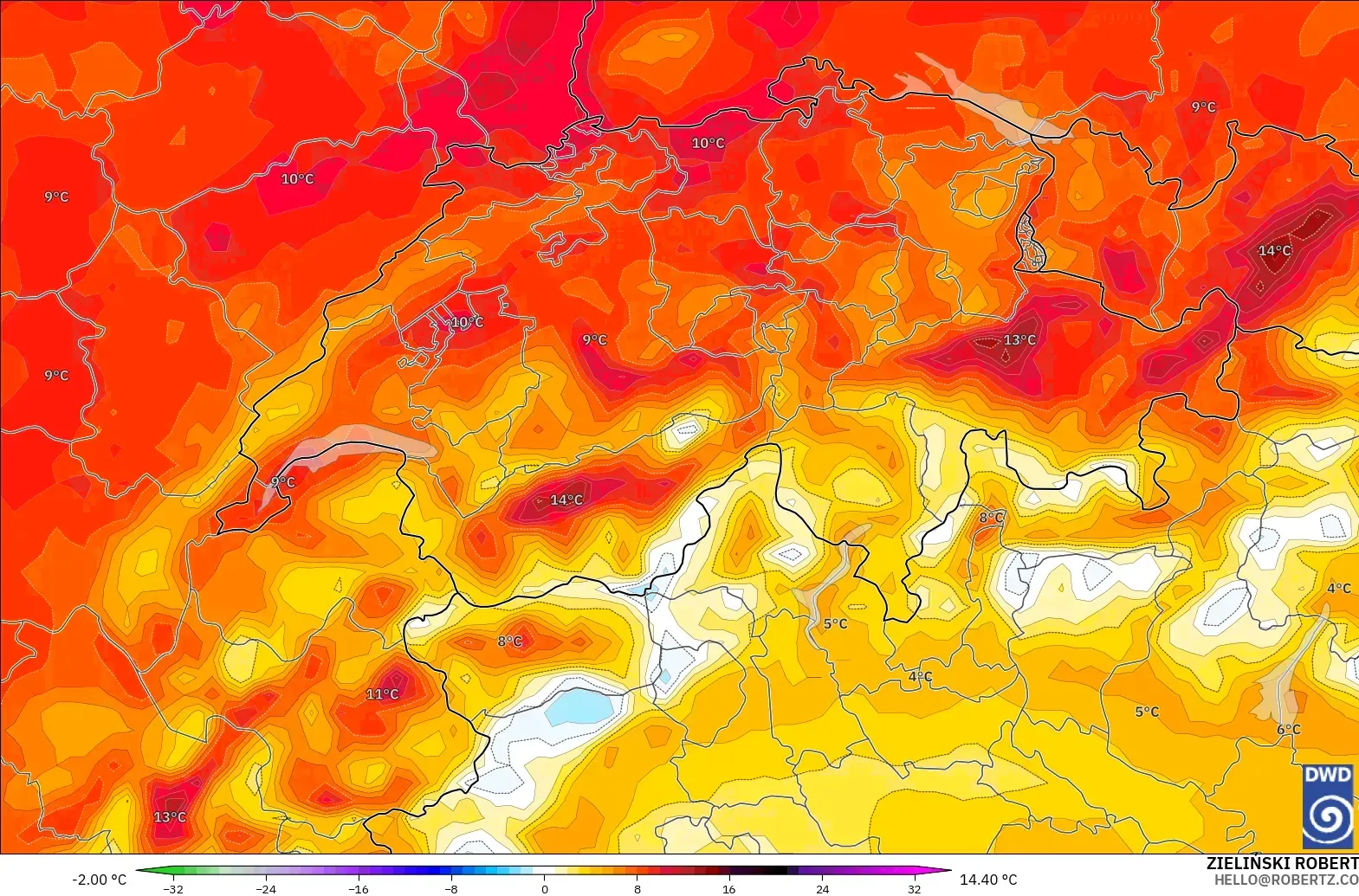 ICON modelo - Suiza, Anomalía de temperatura a 2 m
