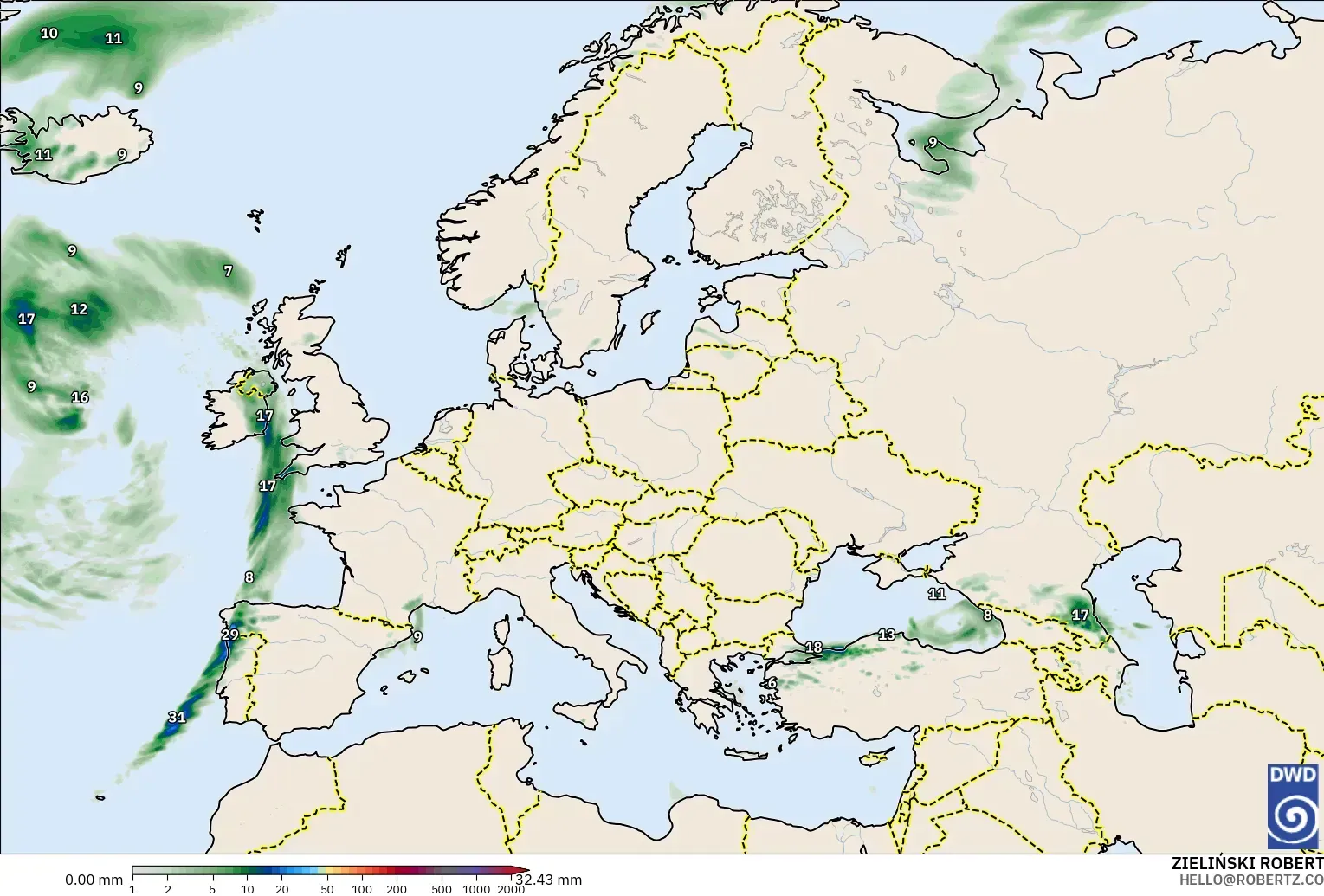 ICON modelo - Europa, Acumulación de precipitación