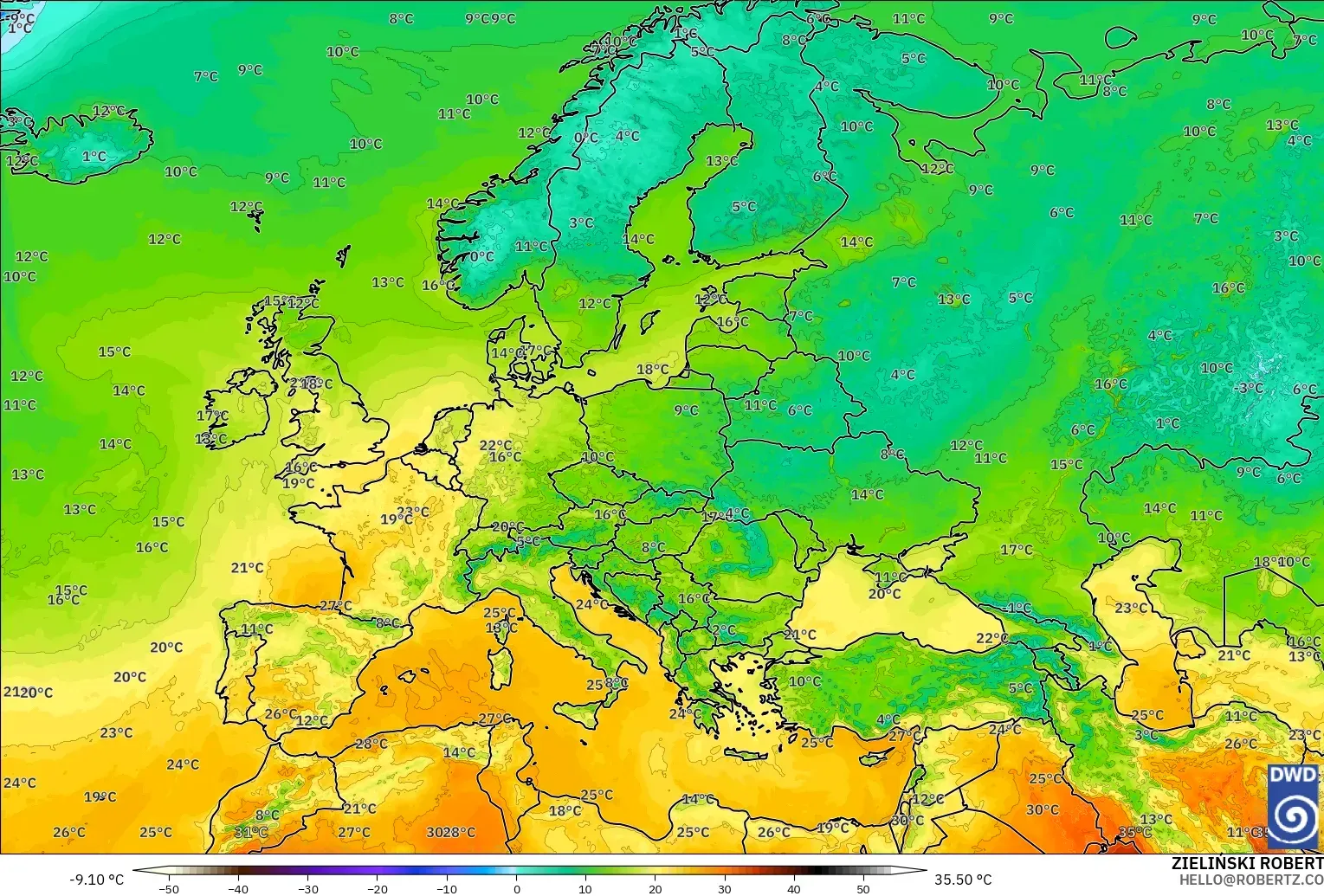 ICON modelo - Europa, Temperatura a 2 m
