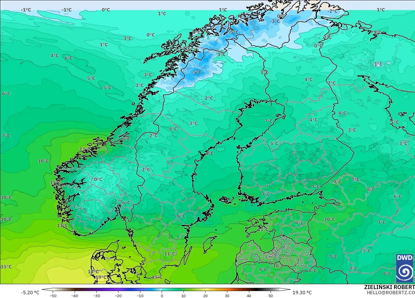 ICON modelo - Escandinavia, Temperatura a 850 hPa