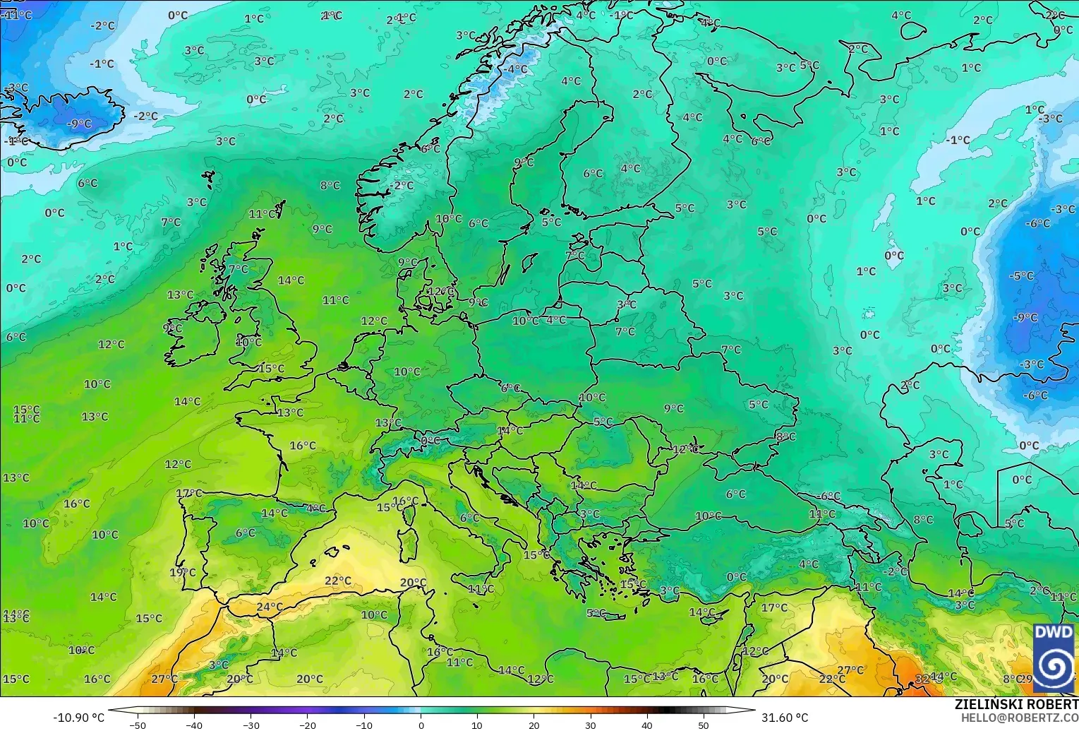 ICON modelo - Europa, Temperatura a 850 hPa